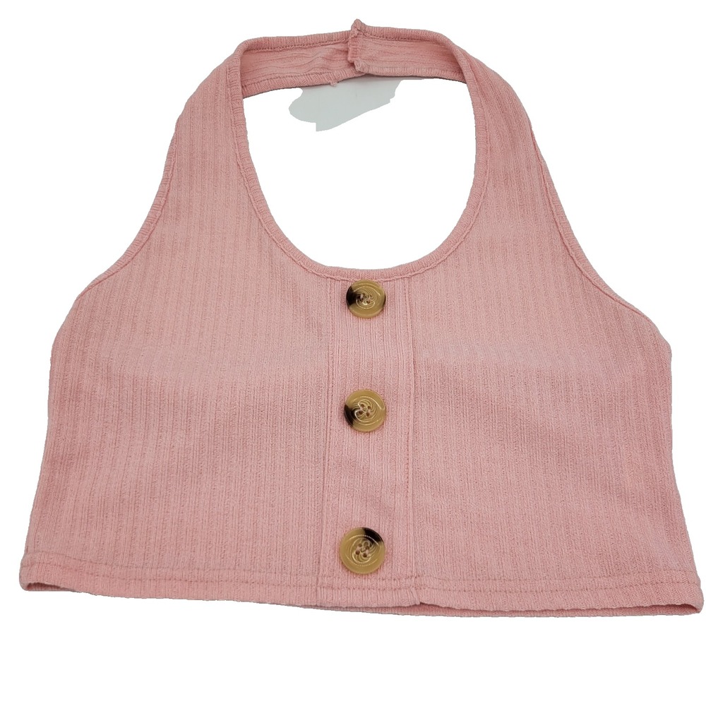 Pink Ribbed Knit Halter Crop Top Womens Large 3-Button Y2K 90s Boho Style